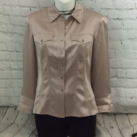 Calvin Klein Tops - Calvin Klein metallic tan button down top silk 8